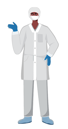 Valutek Macrotek class cleanroom operator wears a shoe cover, lab coat, blue nitrile cleanroom glove, face mask, and a bouffant cap.