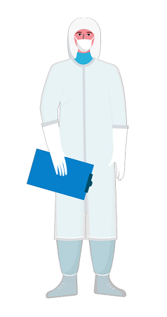 A standing male "Microtek cleanroom operator " wearing boot covers, lab coat, white nitrile cleanroom gloves, face mask, and bouffant cap.