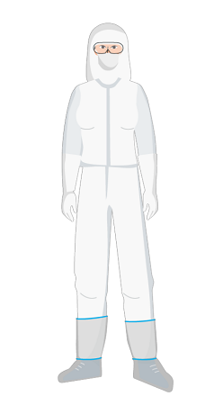 A standing Nanotek operator wearing boot covers, microporous coveralls, white nitrile cleanroom gloves, a face mask, and a bouffant cap with a hood.